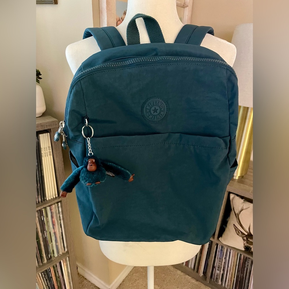 Kipling Teal Backpack With Monkey Keychain Attached